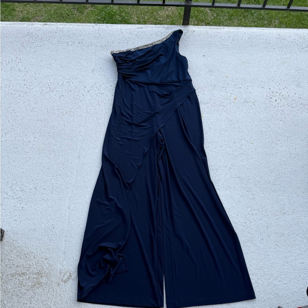 ADRIANNA PAPELL Beaded One-Shoulder Matte Jersey Jumpsuit In Midnight Size 16 - Picture 11 of 12